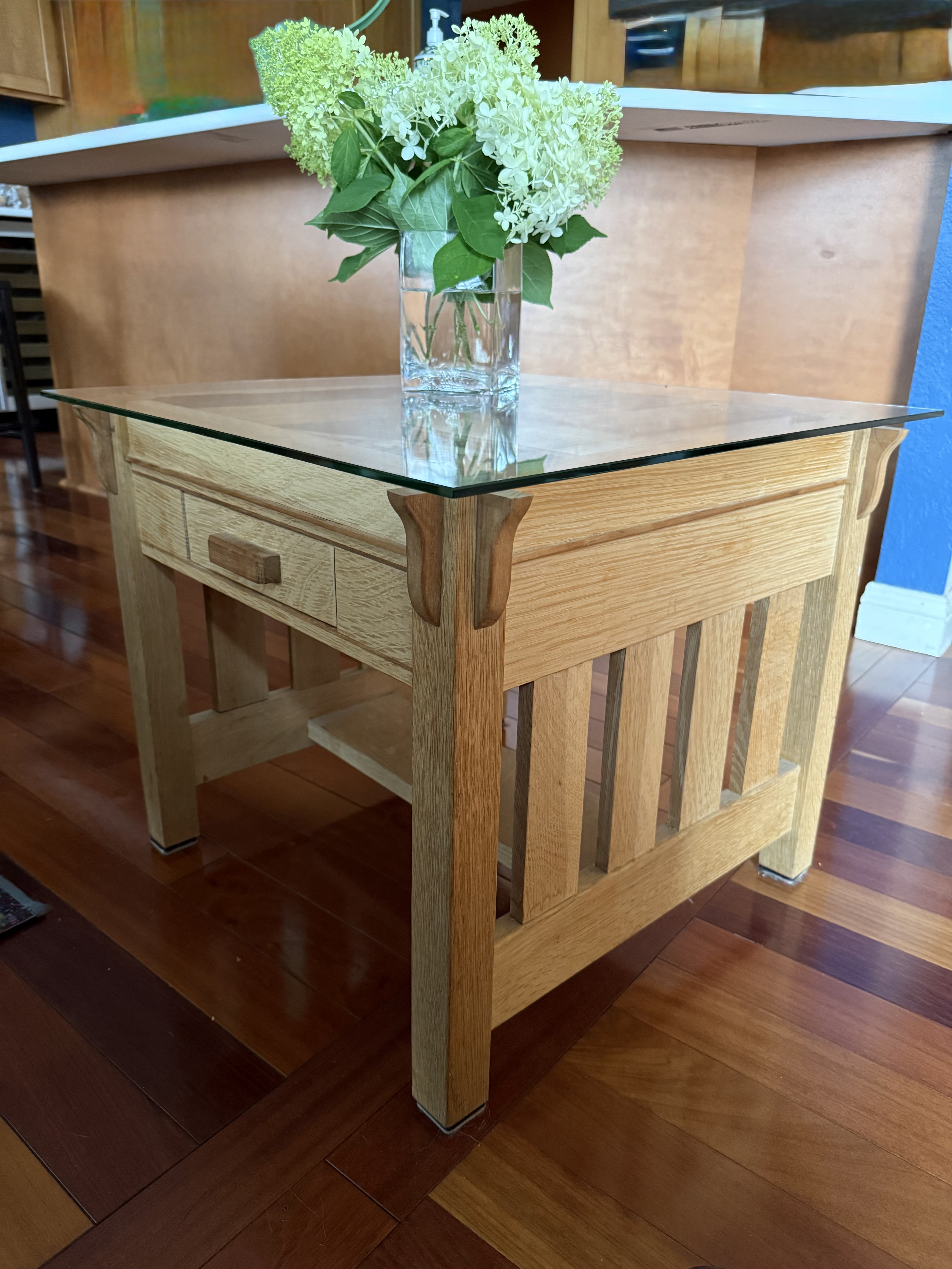 Custom oak mission end table with flowers