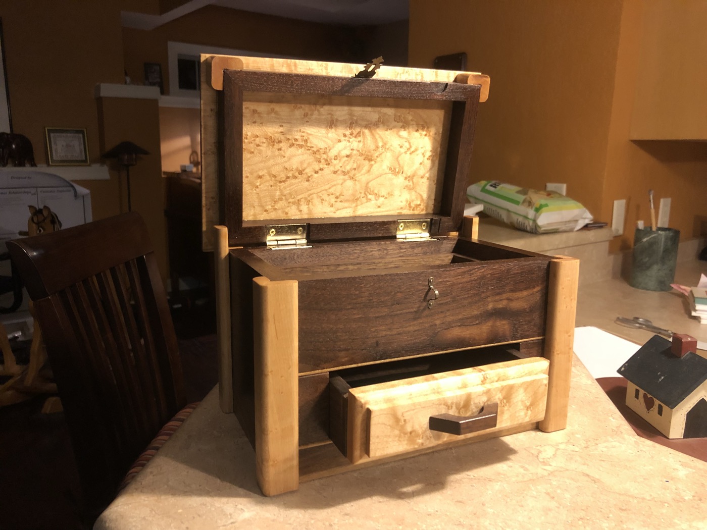 Walnut and burl maple jewelry box open showing interior