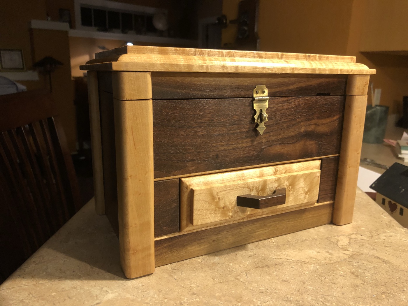 Walnut and burl maple jewelry chest with drawer and brass hardware